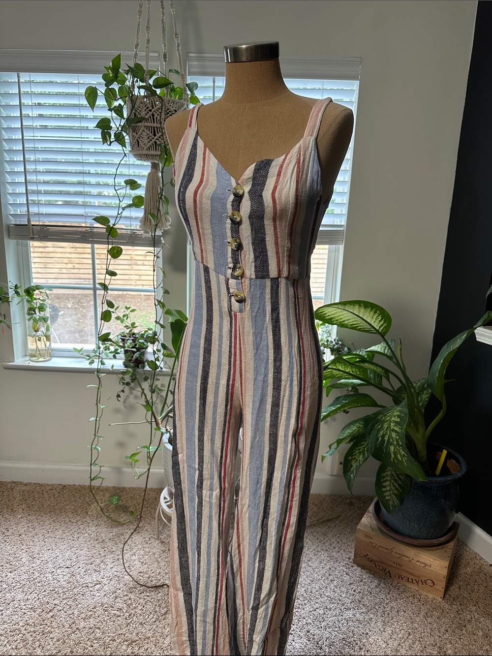 Striped Multicolor Linen-Blend Jumpsuit with Buttons